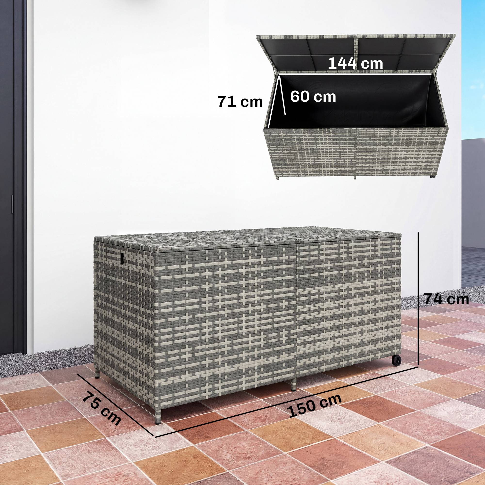 Coffre de rangement jardin résine tressée terrasse grande capacité 650L gris sur roues - ComfortXL Outdoor Living - Image 5