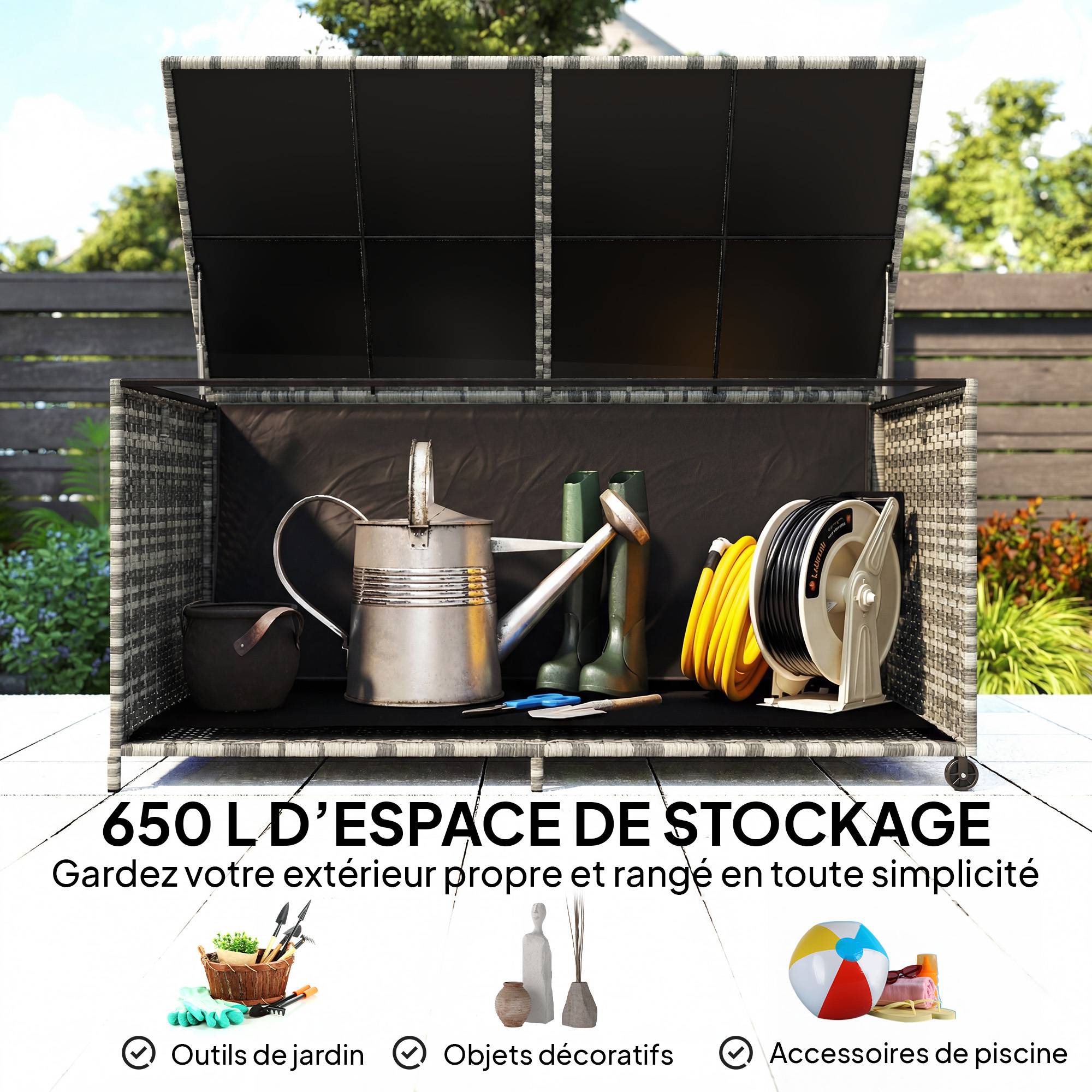 Coffre de rangement jardin résine tressée terrasse grande capacité 650L gris sur roues - ComfortXL Outdoor Living - Image 6
