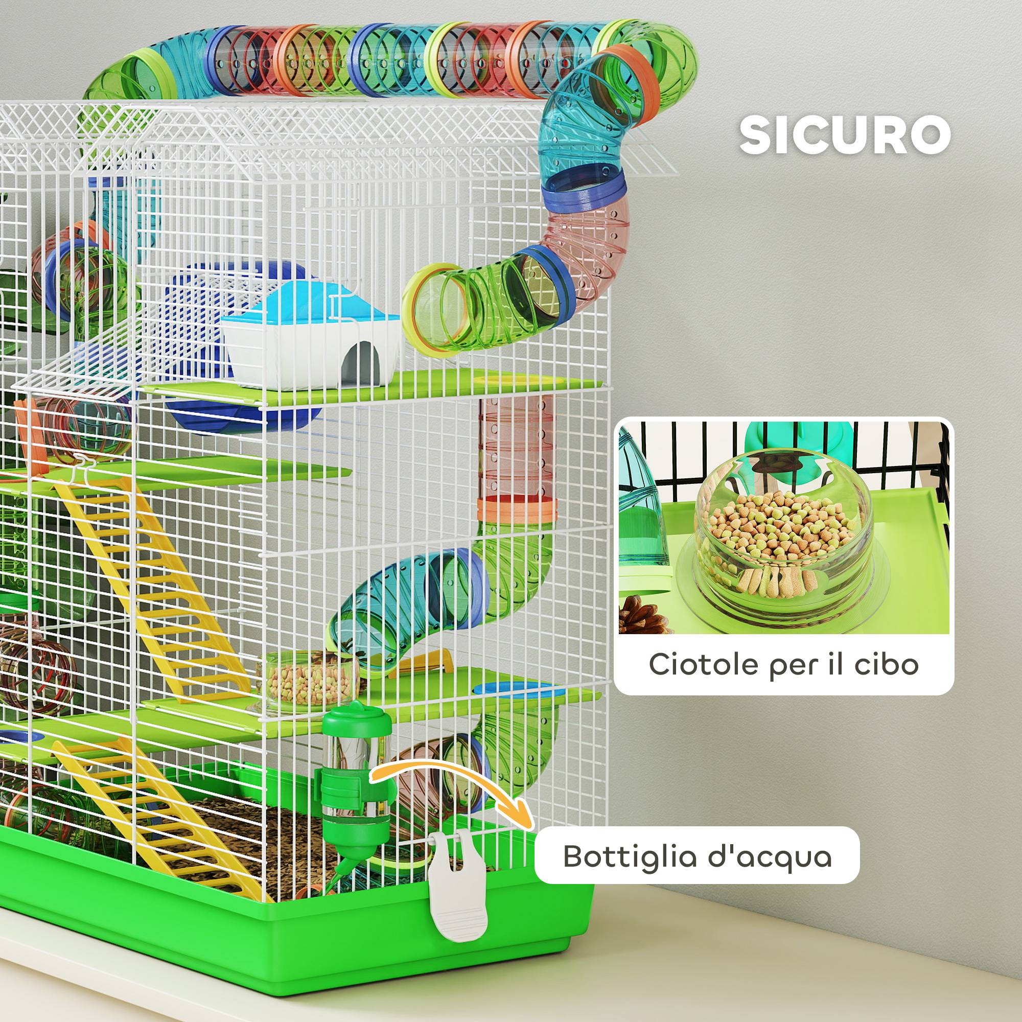 Cage hamster métal 5 étages espace de jeu tubes ludiques 47x30x59cm Vert - ComfortXL Outdoor Living - Image 7