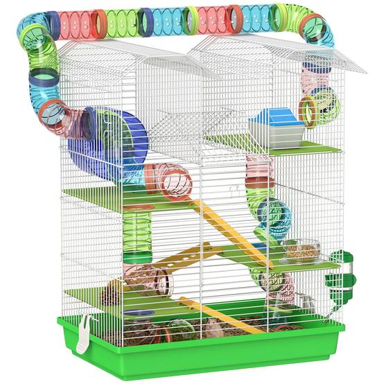 Cage hamster métal 5 étages espace de jeu tubes ludiques 47x30x59cm Vert - ComfortXL Outdoor Living - Image 1