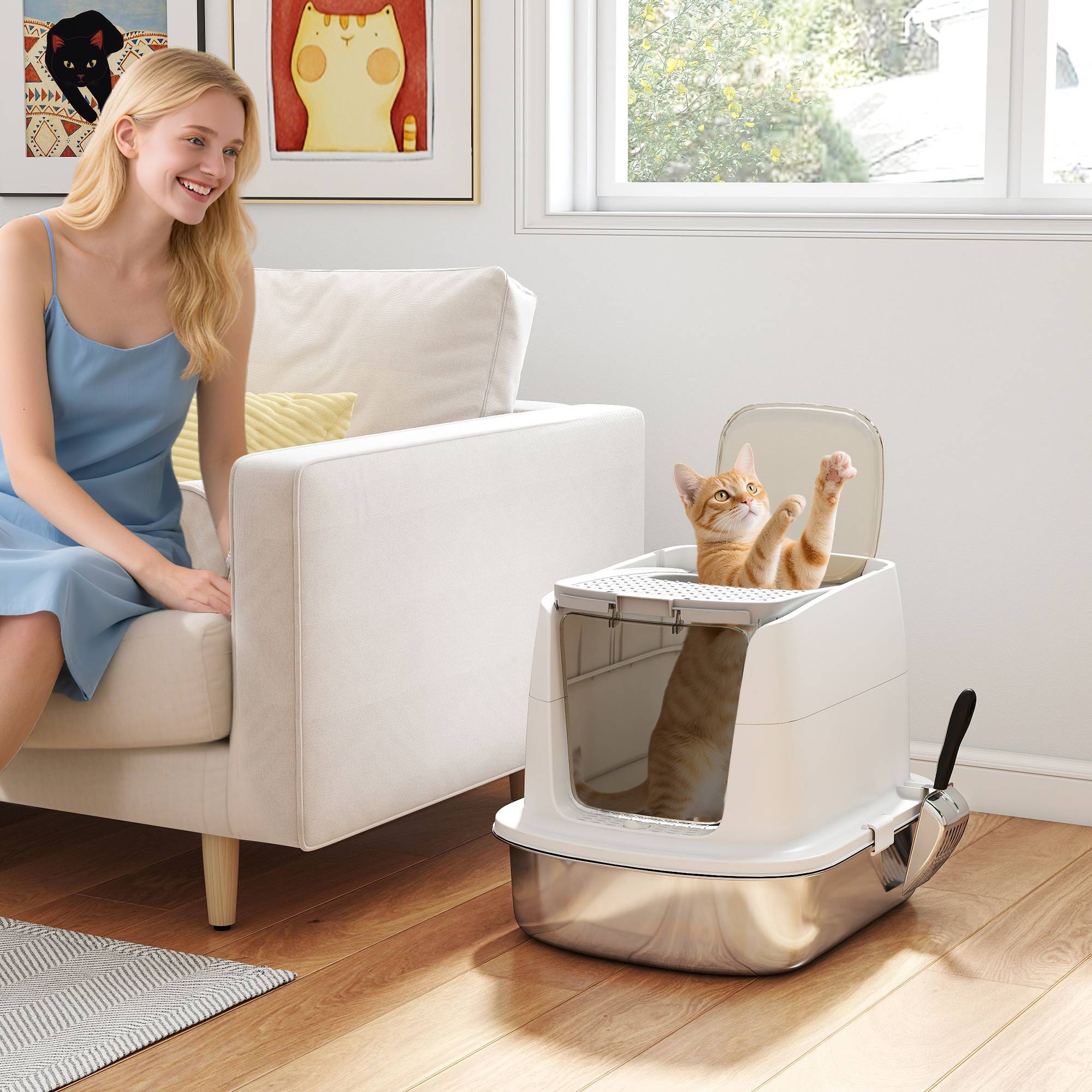 Litière chat acier inoxydable L couvercle rabattable pelle métal sac désodorisant blanc - Image 4