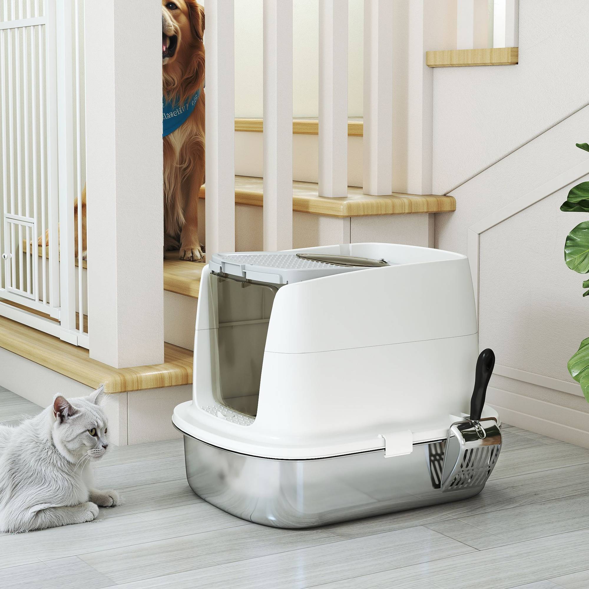 Litière chat acier inoxydable L couvercle rabattable pelle métal sac désodorisant blanc - Image 10