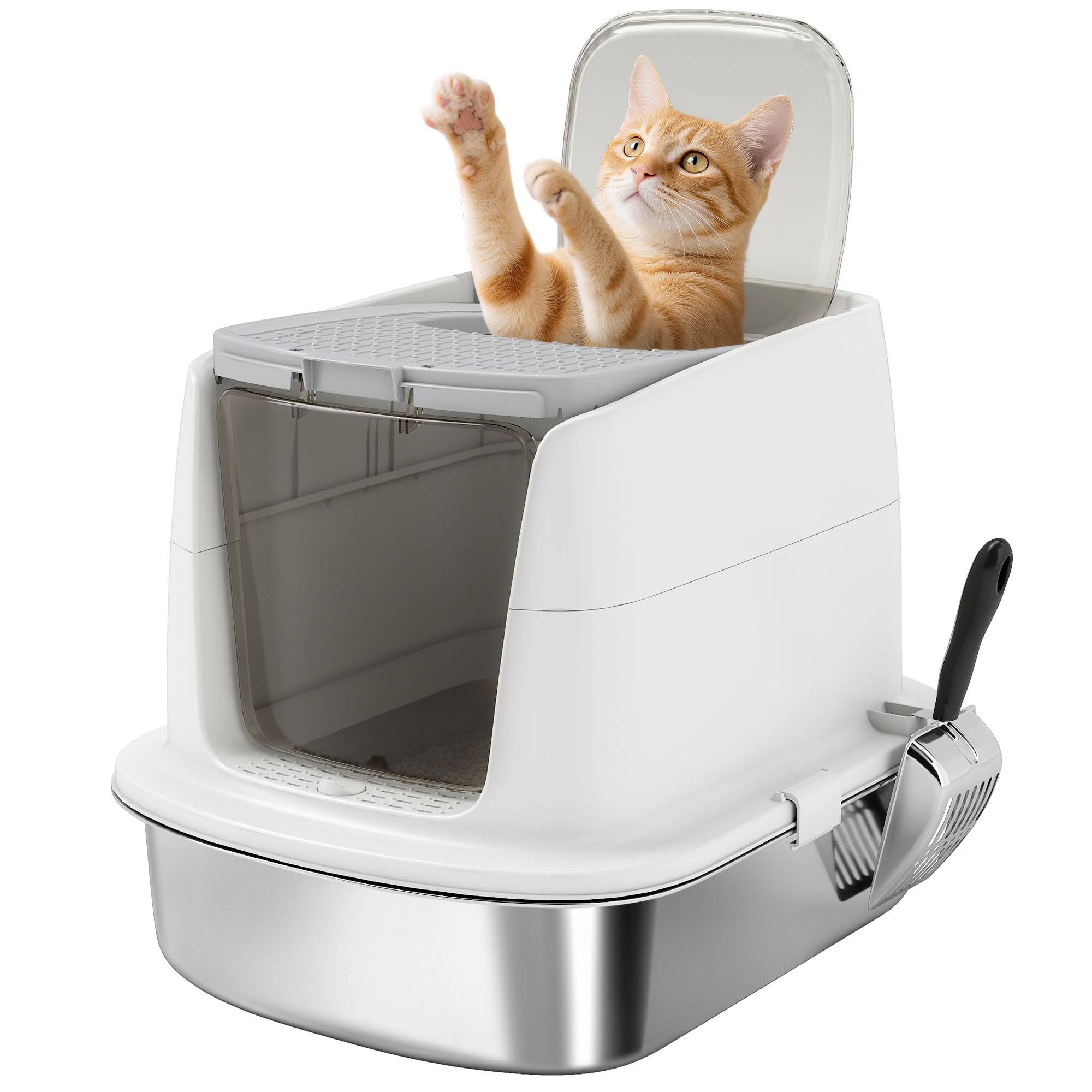Litière chat acier inoxydable L couvercle rabattable pelle métal sac désodorisant blanc - Image 1