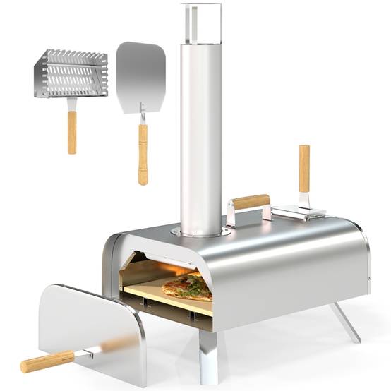 Four à Pizza Extérieur Bois Inox Portable Jardin Pierre Réfractaire Pelle Argent - ComfortXL Outdoor Living - Image 1