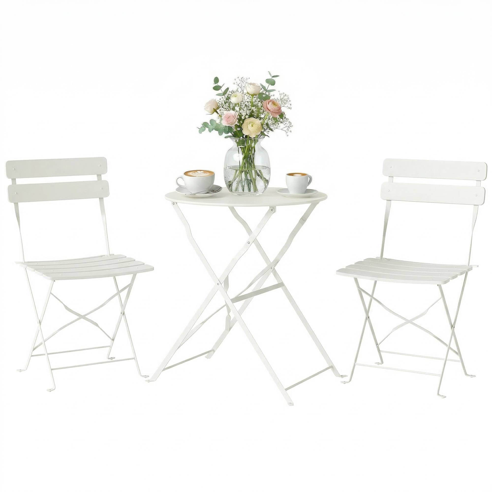 Ensemble bistrot 3 pièces métal traitement antirouille pliant pour balcon crème - ComfortXL Outdoor Living - Image 1