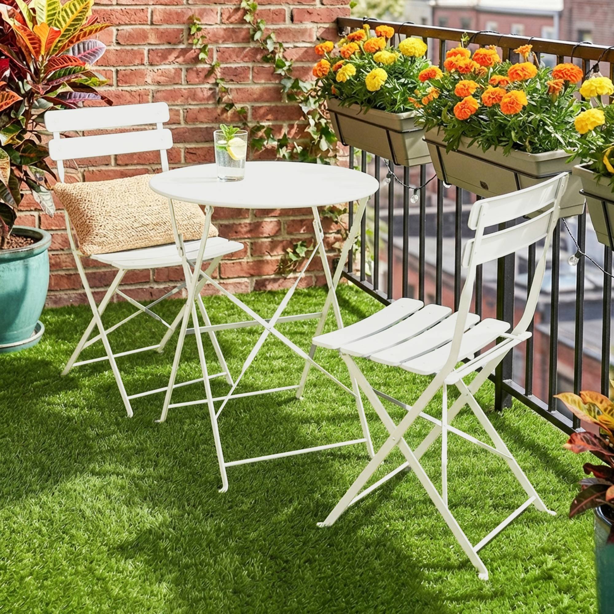 Ensemble bistrot 3 pièces métal traitement antirouille pliant pour balcon crème - ComfortXL Outdoor Living - Image 4