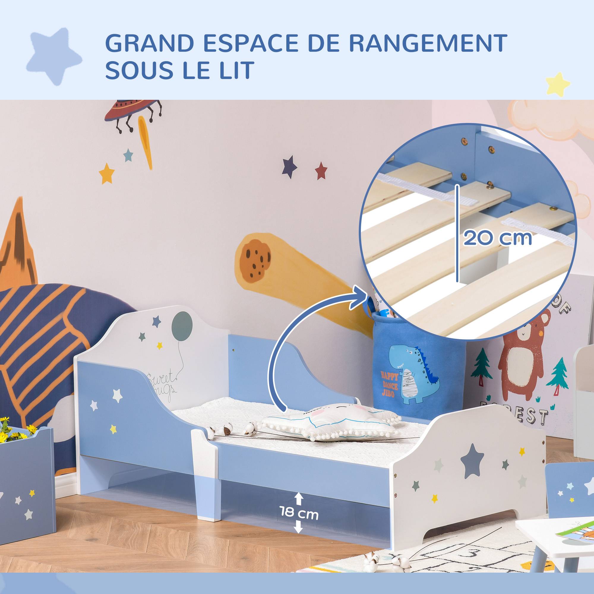 Lit pour enfants de 3 à 6 ans design étoiles sommier à lattes inclus chambre moderne 143 x 74 x 59 cm bleu blanc - Image 8