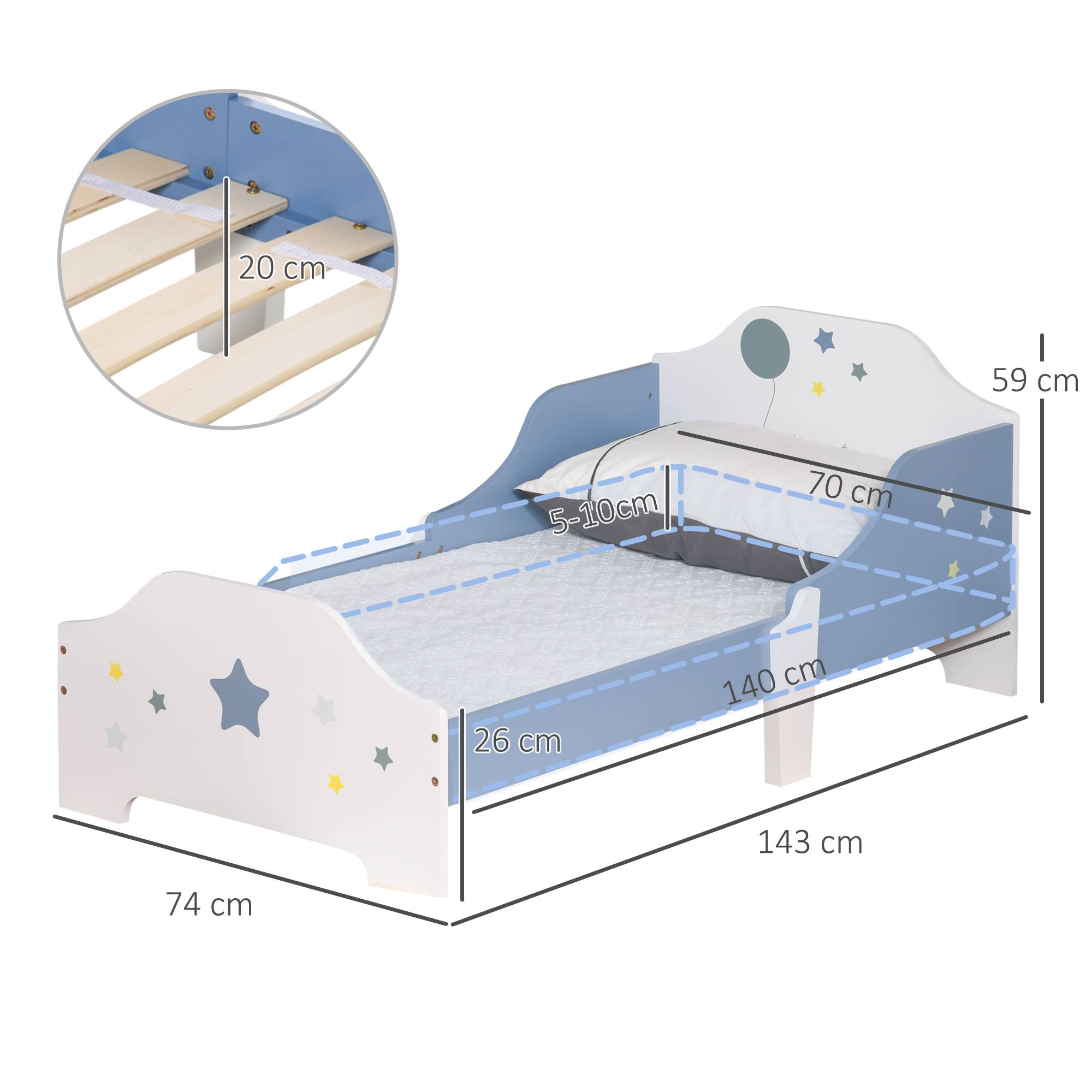Lit pour enfants de 3 à 6 ans design étoiles sommier à lattes inclus chambre moderne 143 x 74 x 59 cm bleu blanc - Image 5