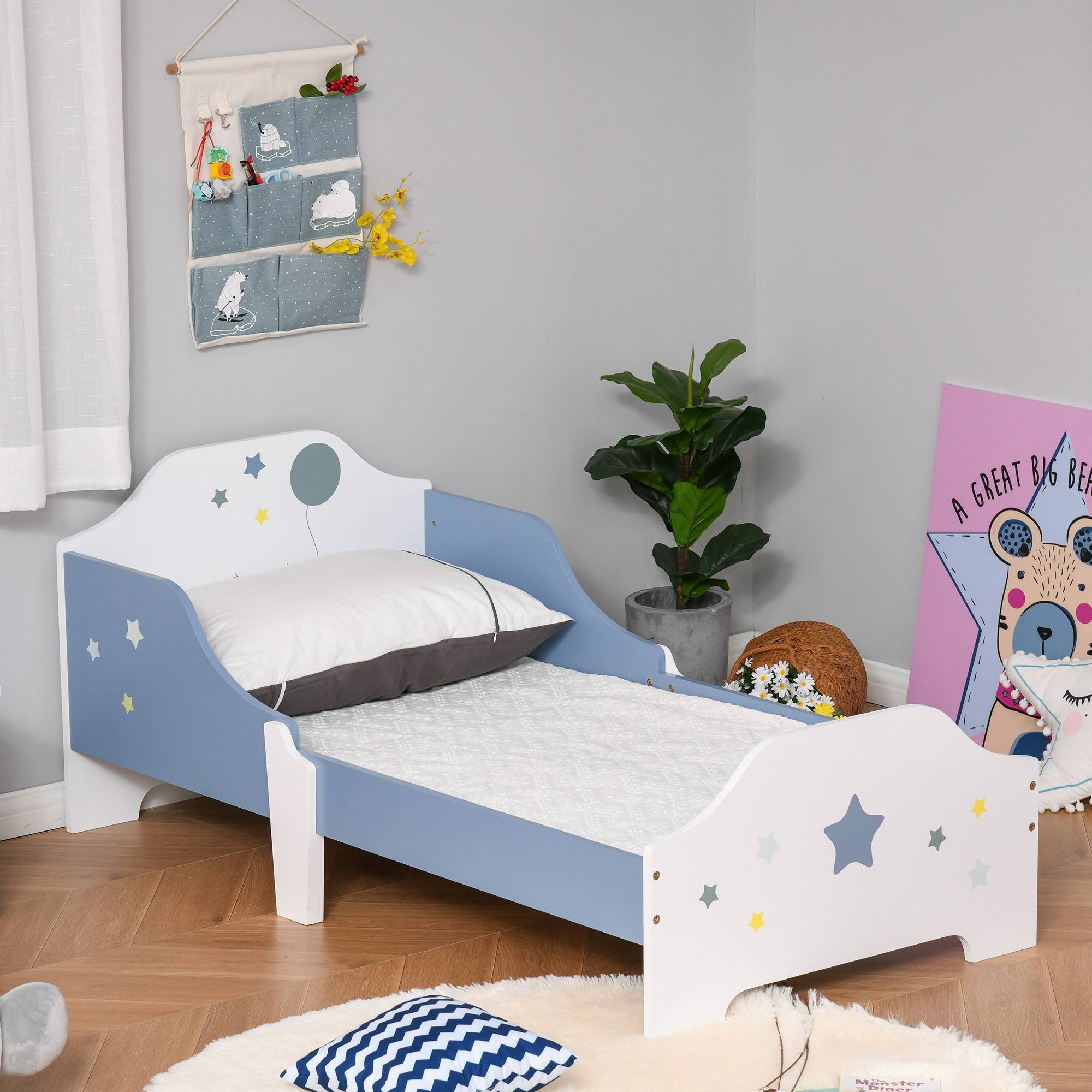 Lit pour enfants de 3 à 6 ans design étoiles sommier à lattes inclus chambre moderne 143 x 74 x 59 cm bleu blanc - Image 4