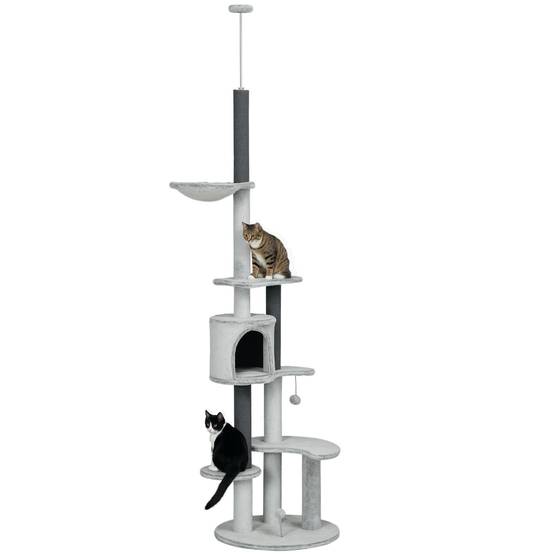 Arbre à chat avec tendeur de plafond, hamac, maisonnette, plateformes, balle de jeu, 225-255 cm, gris - Image 1
