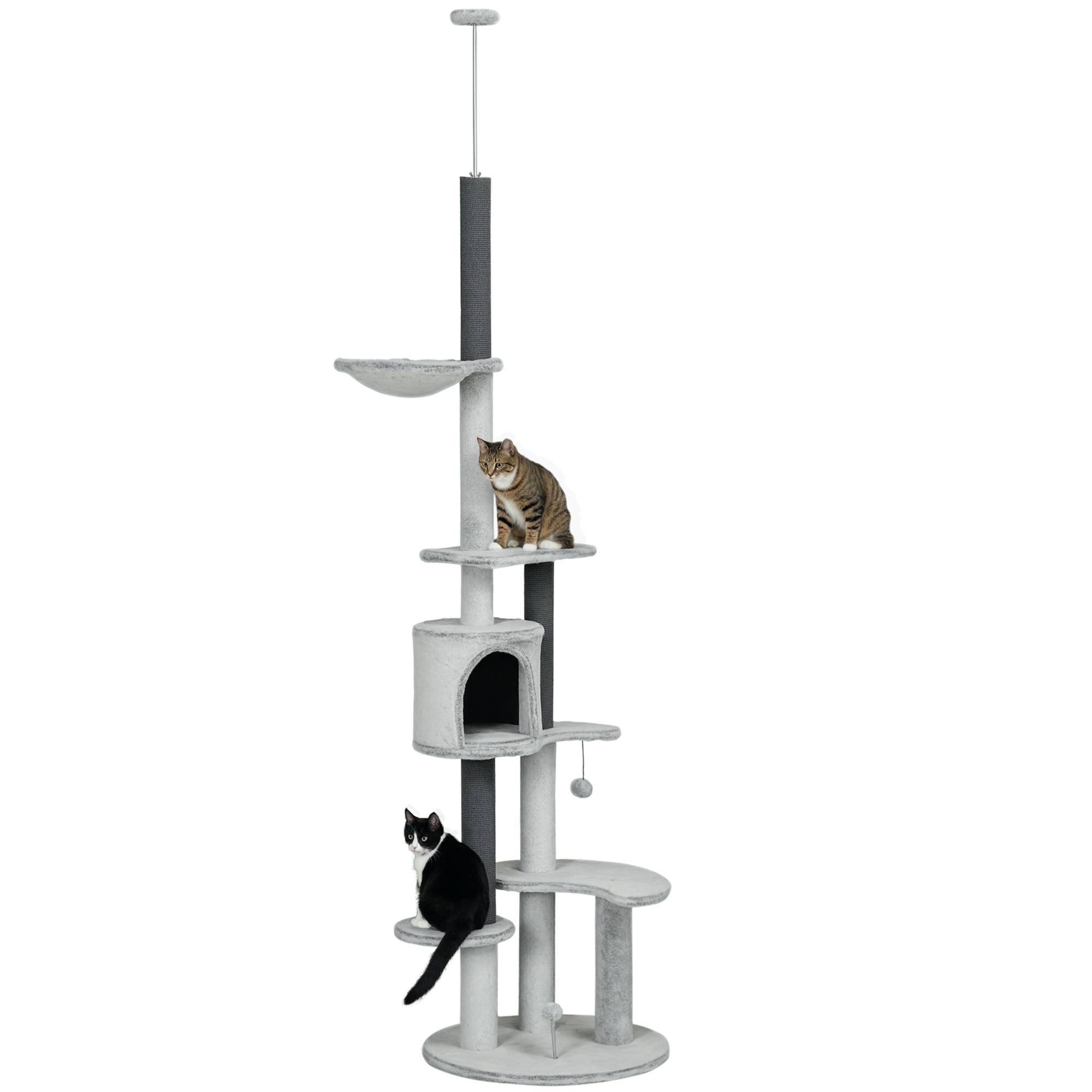 Arbre à chat avec tendeur de plafond, hamac, maisonnette, plateformes, balle de jeu, 225-255 cm, gris - Image 1