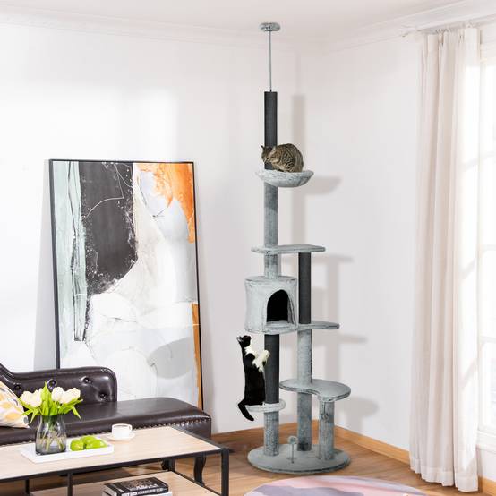 Arbre à chat avec tendeur de plafond, hamac, maisonnette, plateformes, balle de jeu, 225-255 cm, gris - Image 3