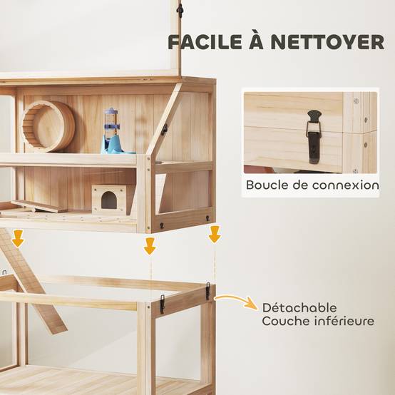 Cage hamster bois sapin rongeurs 3 étages vue panoramique 80x117cm naturel - ComfortXL Outdoor Living - Image 7