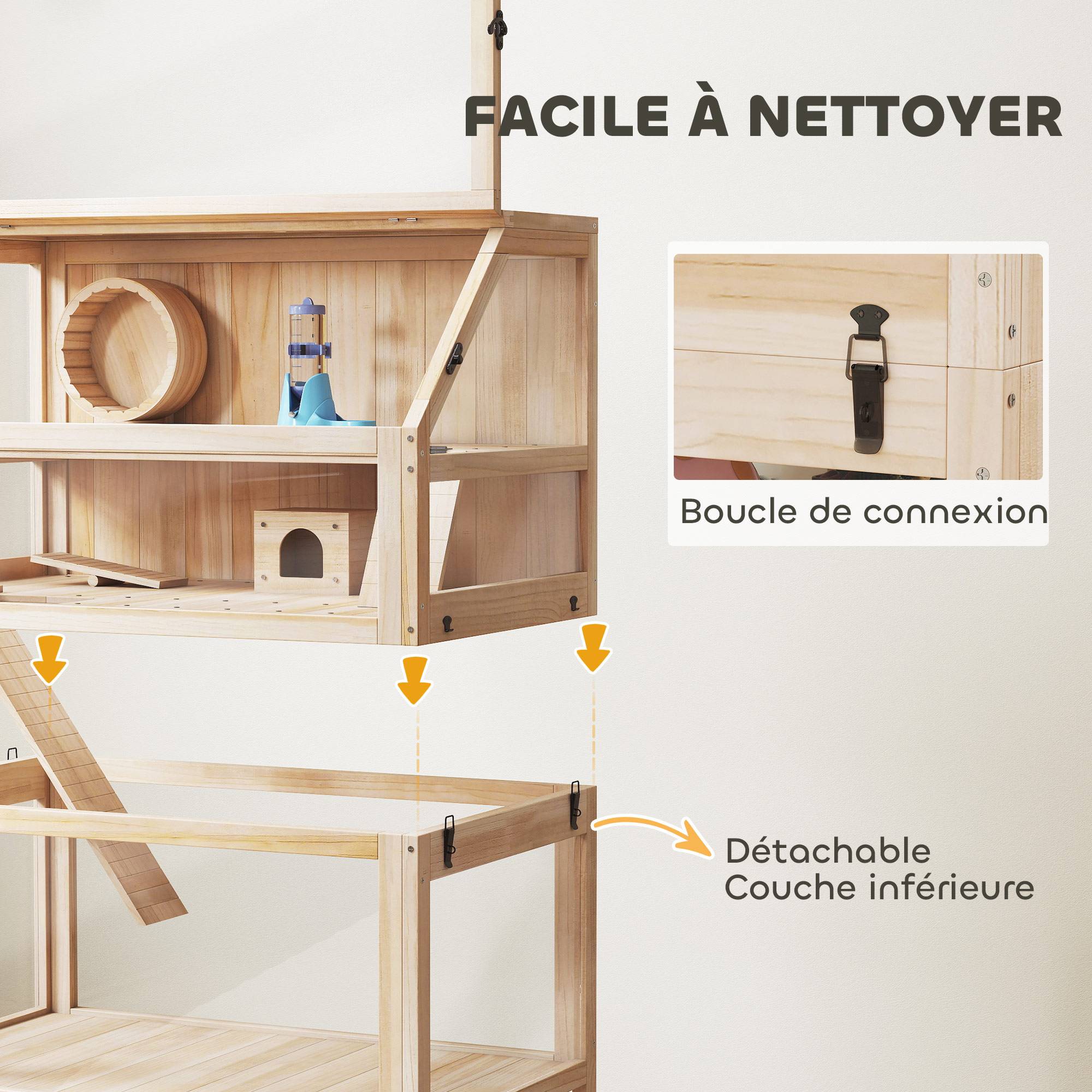 Cage hamster bois sapin rongeurs 3 étages vue panoramique 80x117cm naturel - ComfortXL Outdoor Living - Image 7