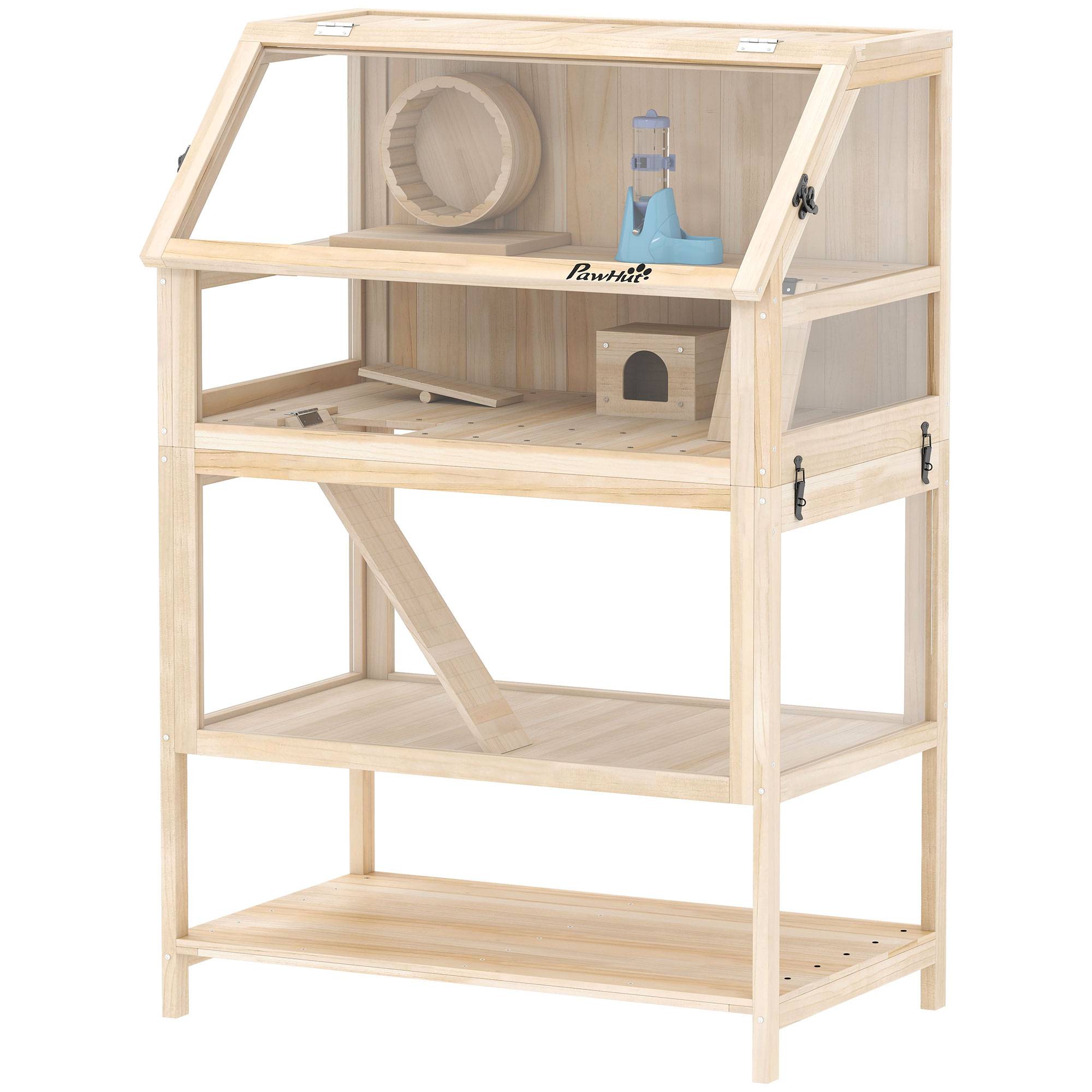 Cage hamster bois sapin rongeurs 3 étages vue panoramique 80x117cm naturel - ComfortXL Outdoor Living - Image 2