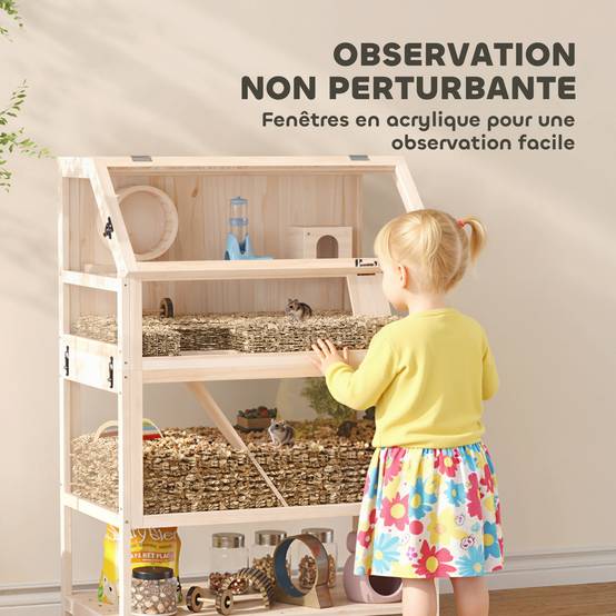 Cage hamster bois sapin rongeurs 3 étages vue panoramique 80x117cm naturel - ComfortXL Outdoor Living - Image 9