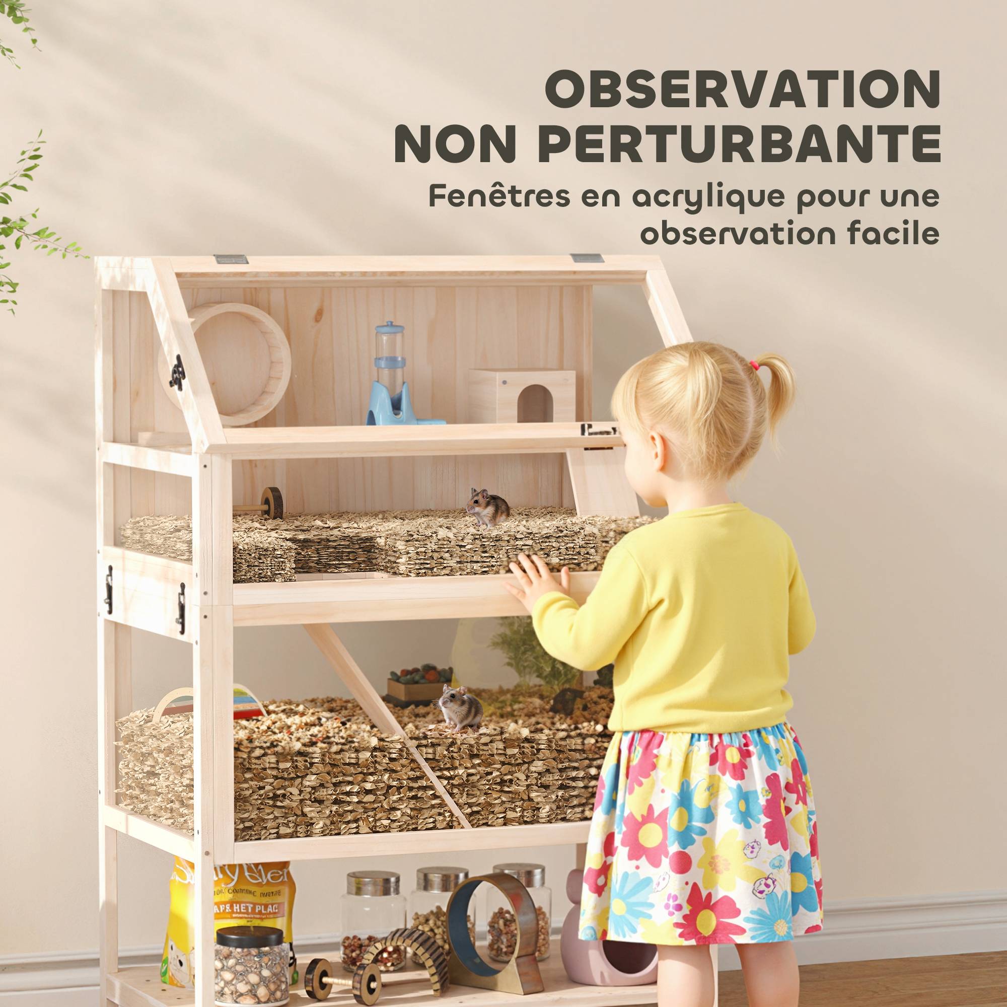 Cage hamster bois sapin rongeurs 3 étages vue panoramique 80x117cm naturel - ComfortXL Outdoor Living - Image 9