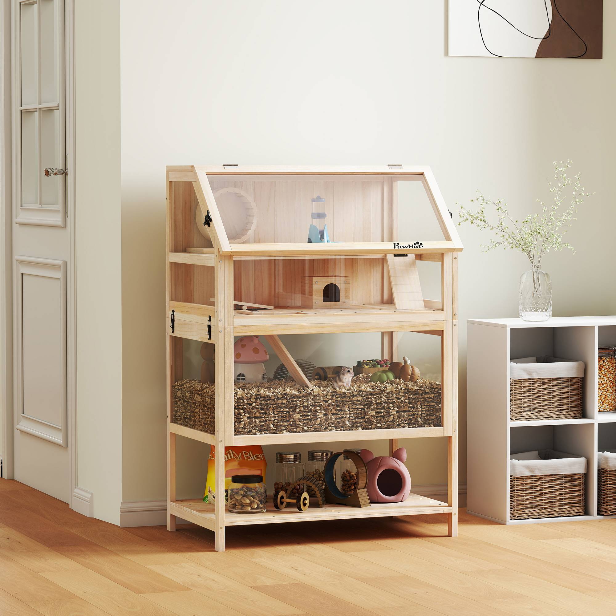 Cage hamster bois sapin rongeurs 3 étages vue panoramique 80x117cm naturel - ComfortXL Outdoor Living - Image 4