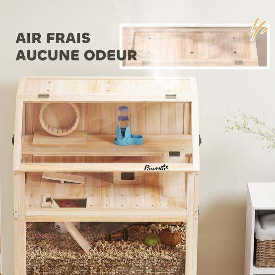 Cage hamster bois sapin rongeurs 3 étages vue panoramique 80x117cm naturel - ComfortXL Outdoor Living - Image 10