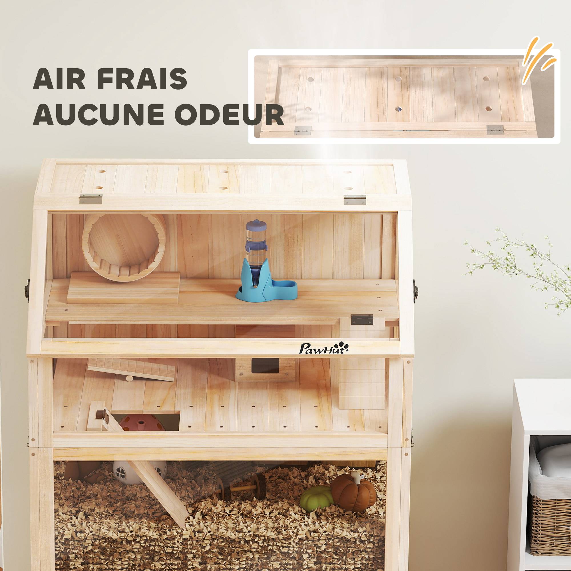 Cage hamster bois sapin rongeurs 3 étages vue panoramique 80x117cm naturel - ComfortXL Outdoor Living - Image 10