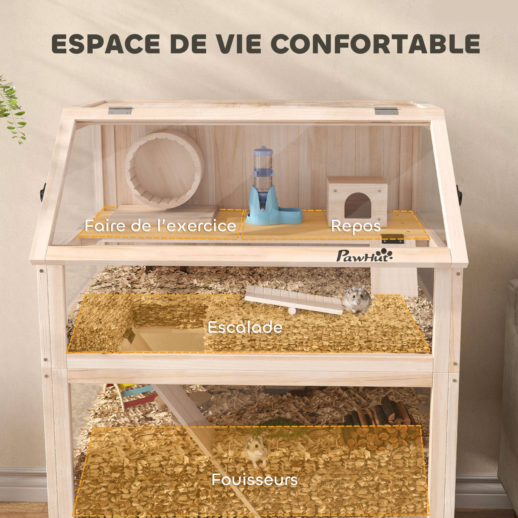Cage hamster bois sapin rongeurs 3 étages vue panoramique 80x117cm naturel - ComfortXL Outdoor Living - Image 6