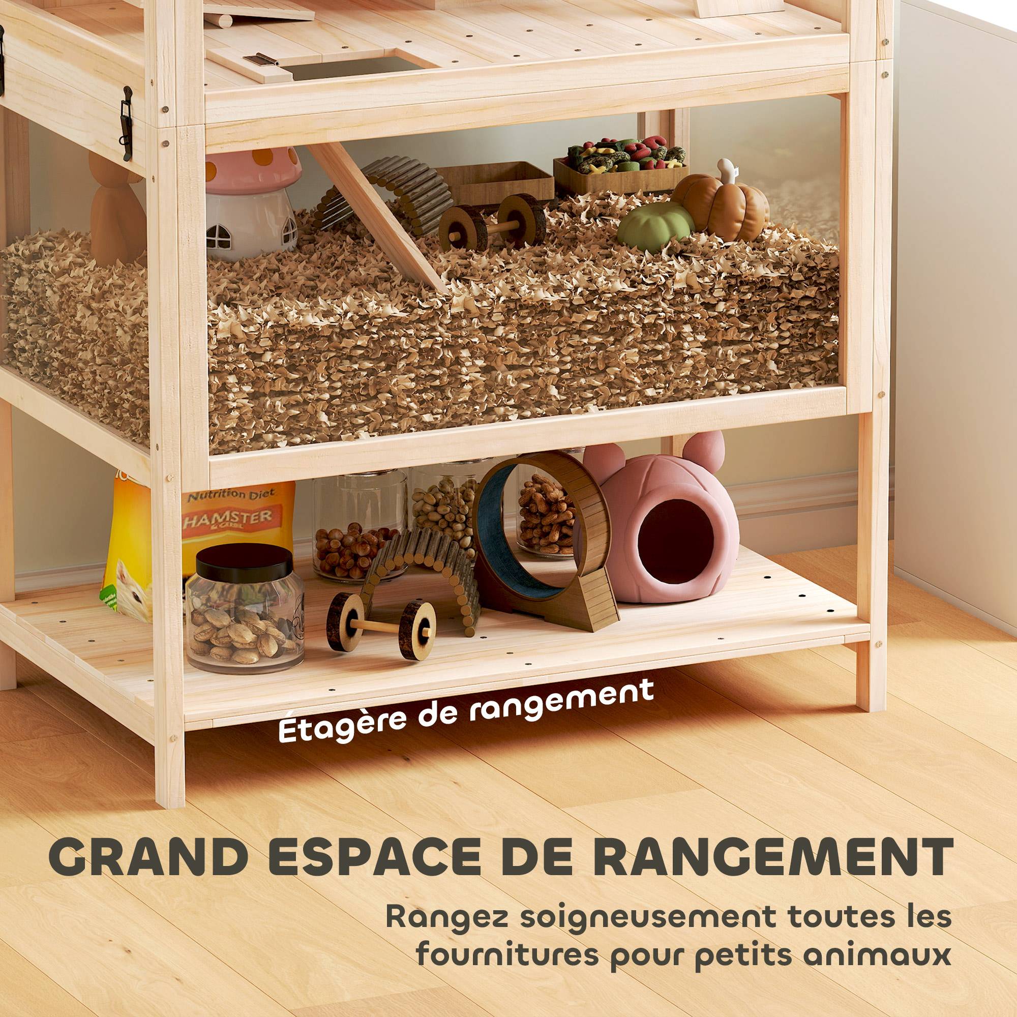 Cage hamster bois sapin rongeurs 3 étages vue panoramique 80x117cm naturel - ComfortXL Outdoor Living - Image 8