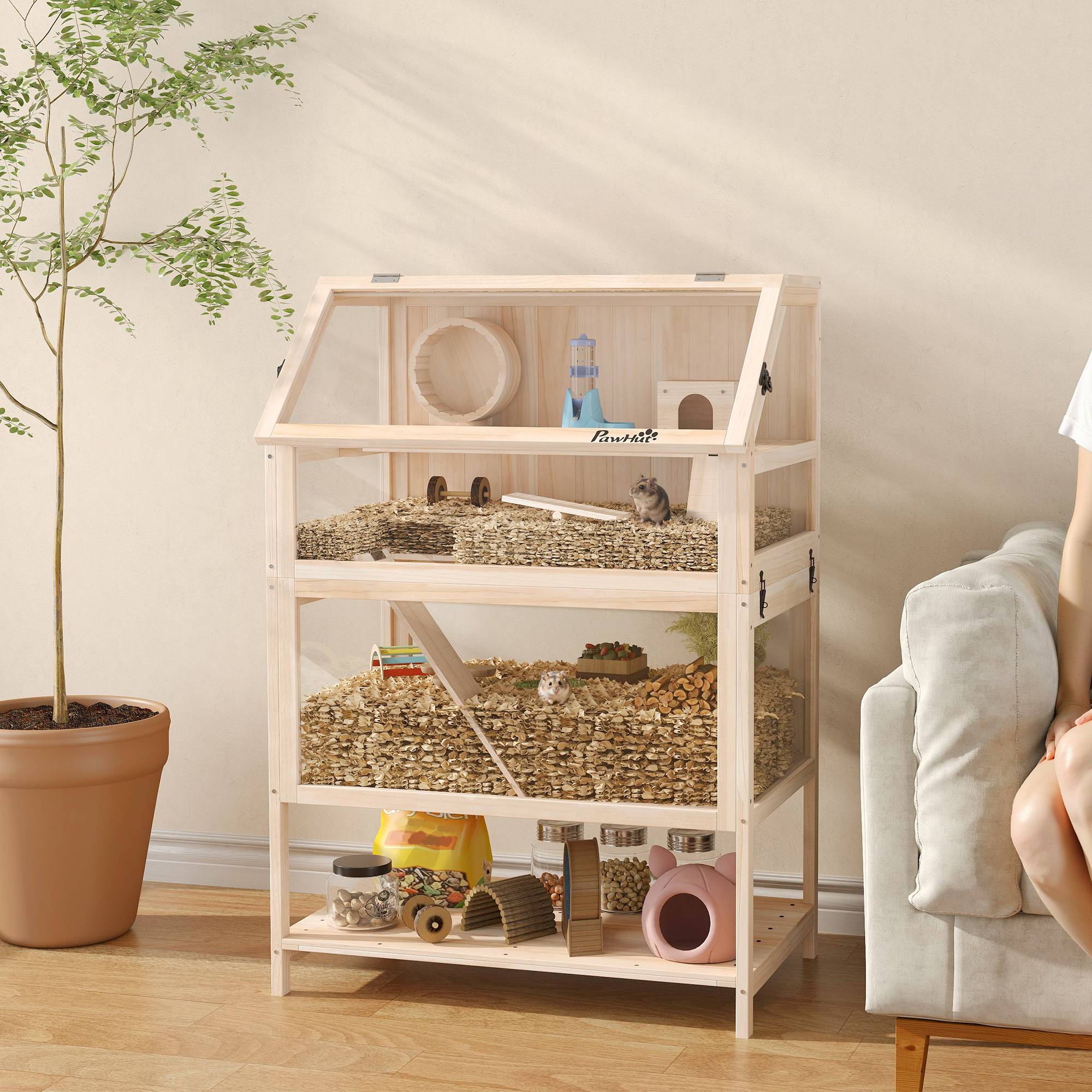 Cage hamster bois sapin rongeurs 3 étages vue panoramique 80x117cm naturel - ComfortXL Outdoor Living - Image 3