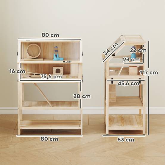 Cage hamster bois sapin rongeurs 3 étages vue panoramique 80x117cm naturel - ComfortXL Outdoor Living - Image 5