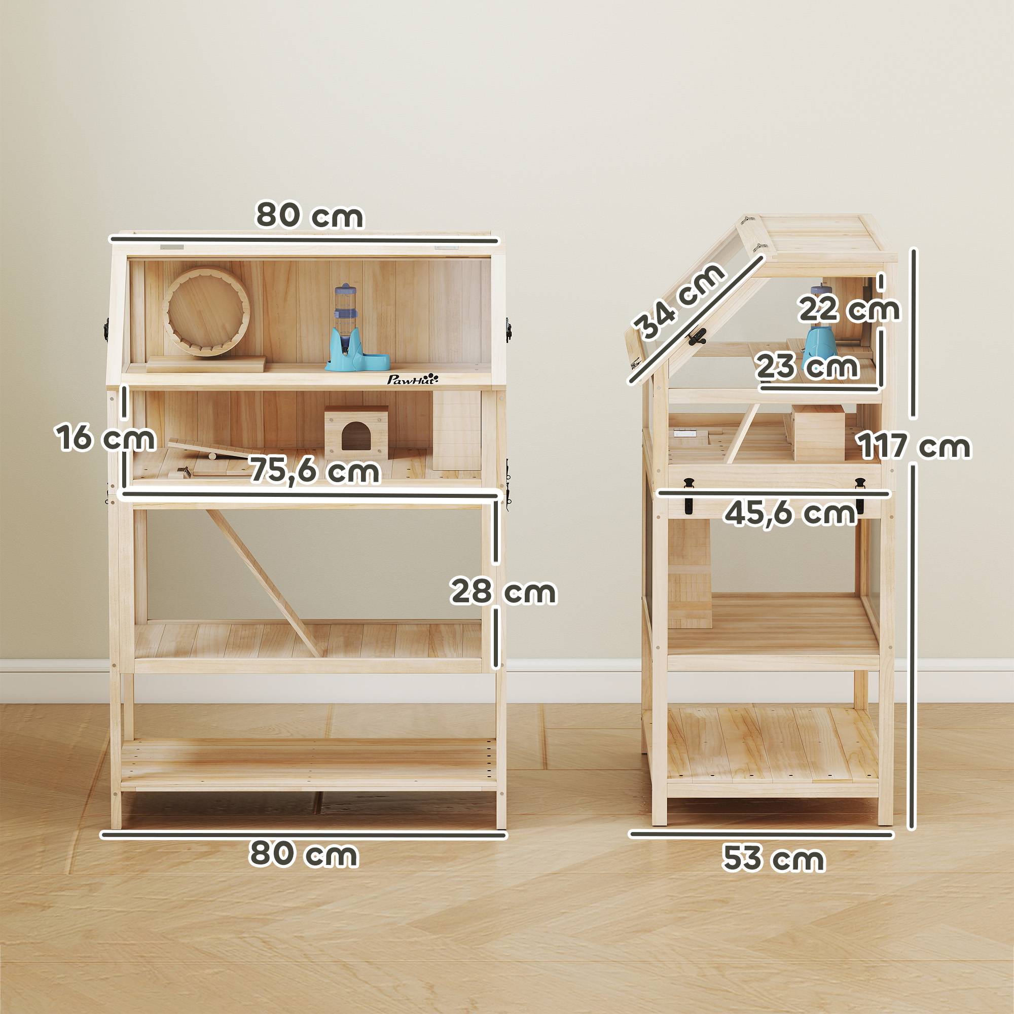 Cage hamster bois sapin rongeurs 3 étages vue panoramique 80x117cm naturel - ComfortXL Outdoor Living - Image 5