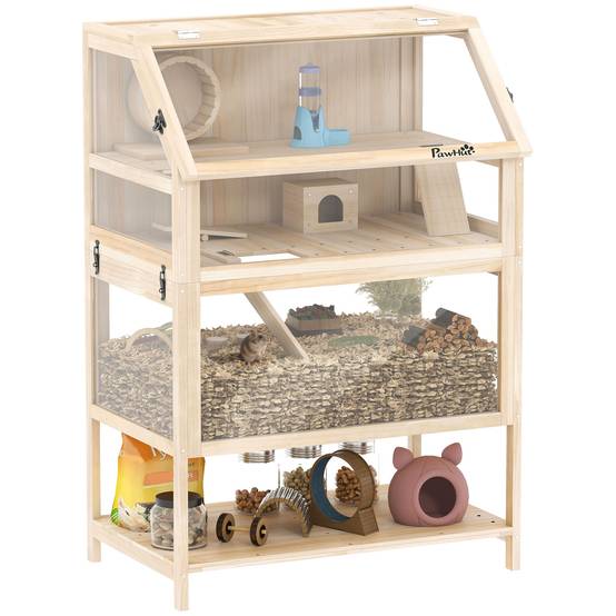 Cage hamster bois sapin rongeurs 3 étages vue panoramique 80x117cm naturel - ComfortXL Outdoor Living - Image 1