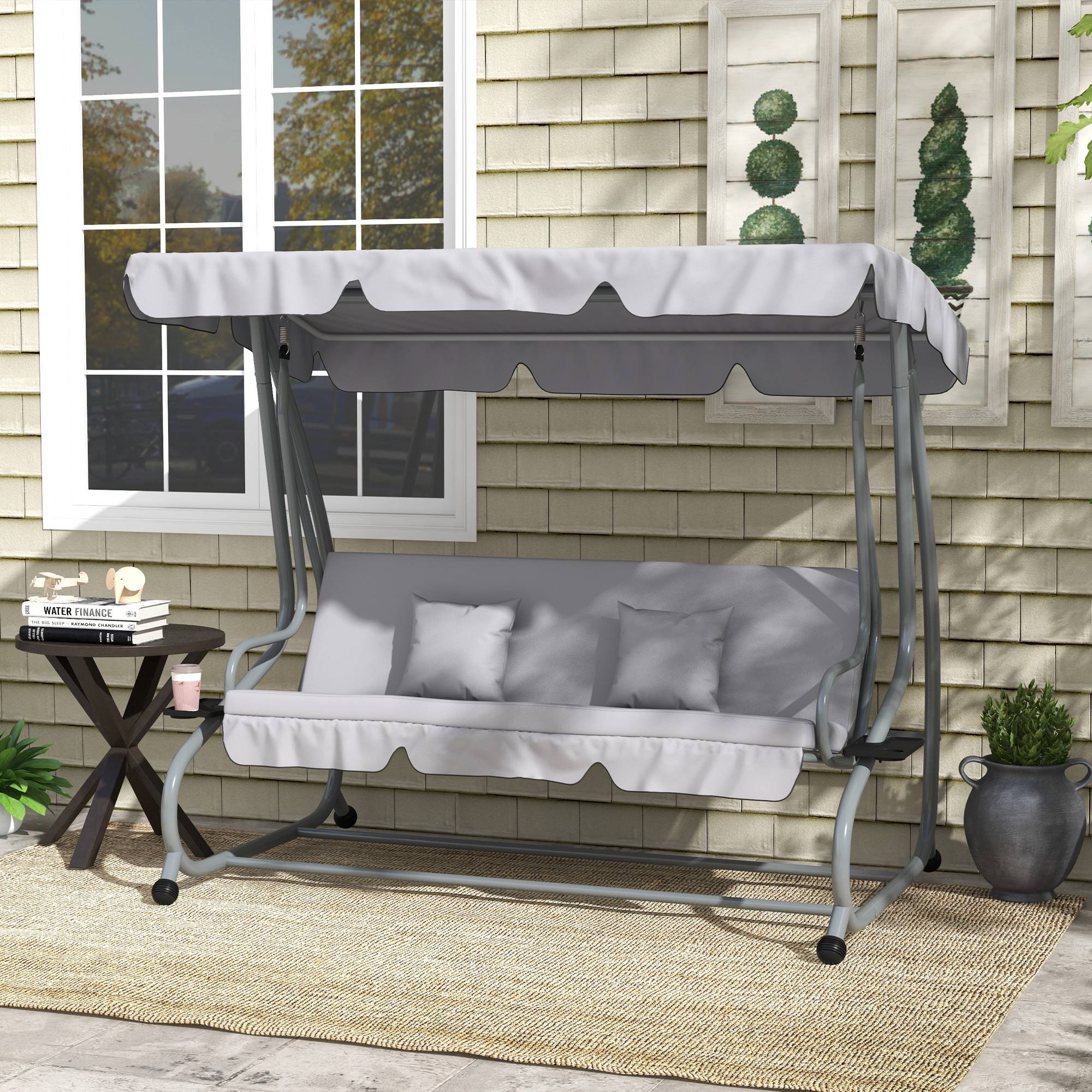 Balancelle Hollywood 2 en 1 avec fonction inclinable, capote réglable, jusqu'à 340 kg, acier, 200 x 120 x 164 cm, grise - Image 3
