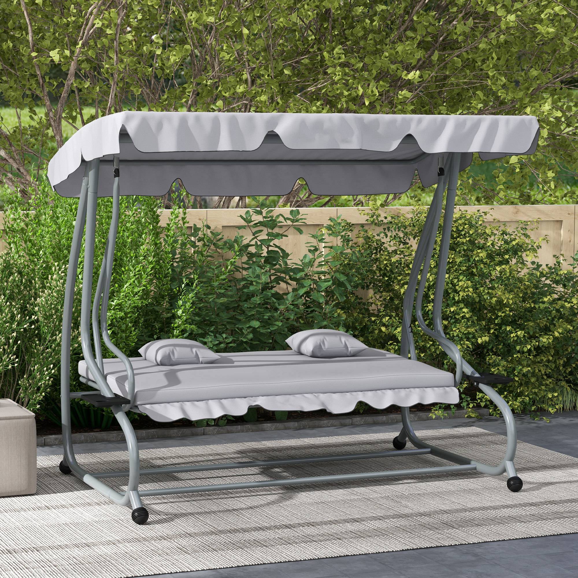 Balancelle Hollywood 2 en 1 avec fonction inclinable, capote réglable, jusqu'à 340 kg, acier, 200 x 120 x 164 cm, grise - Image 4