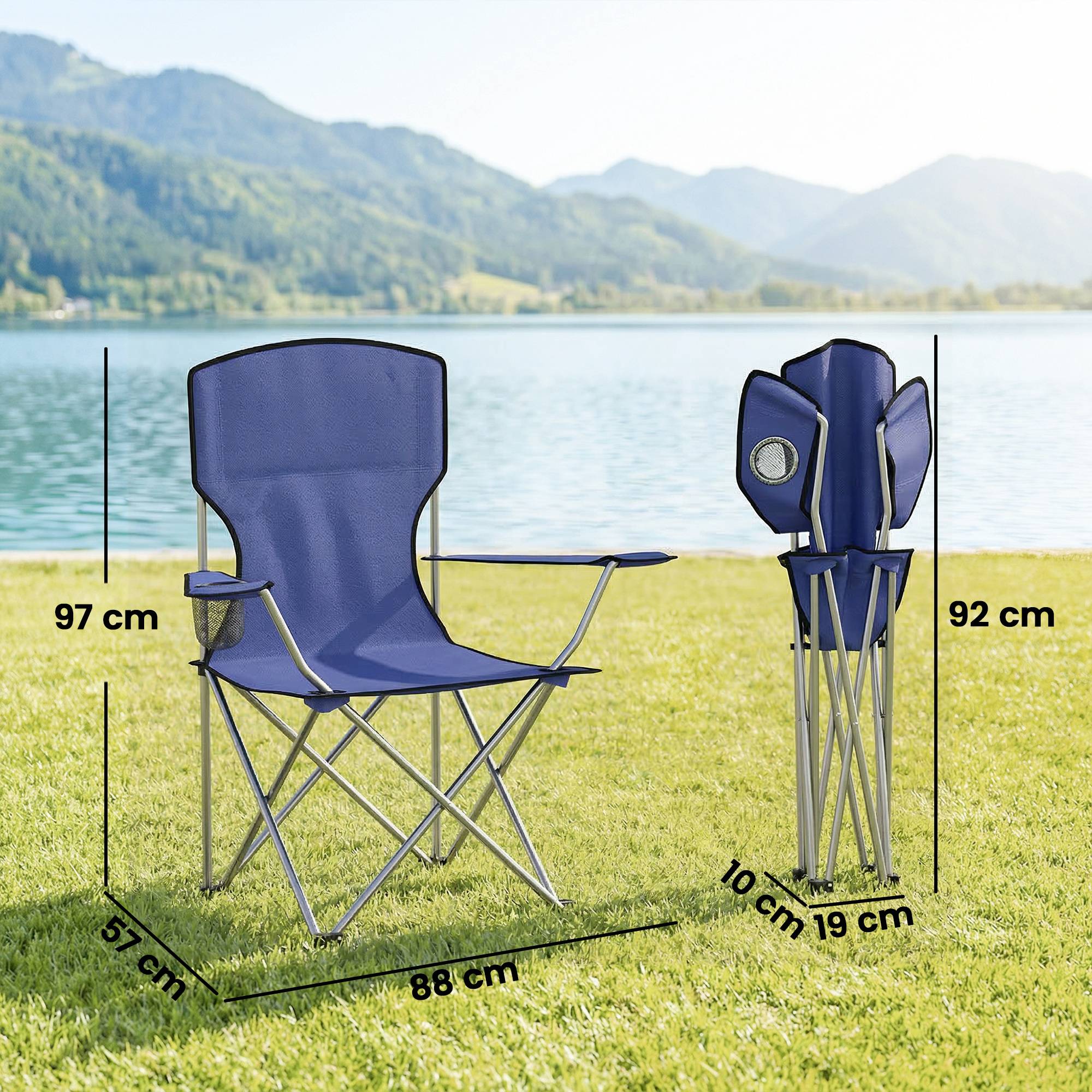 Lot de 2 chaises de camping pliantes métal et tissu bleu foncé 88 x 57 x 97 cm - PANGIVO - Image 5