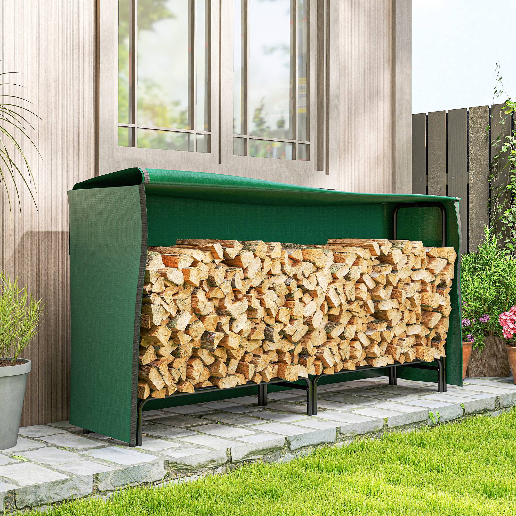 Range‑bûches avec couvercle et étagère, charge 200 kg, 200x36x99 cm, vert foncé‑noir - Image 4