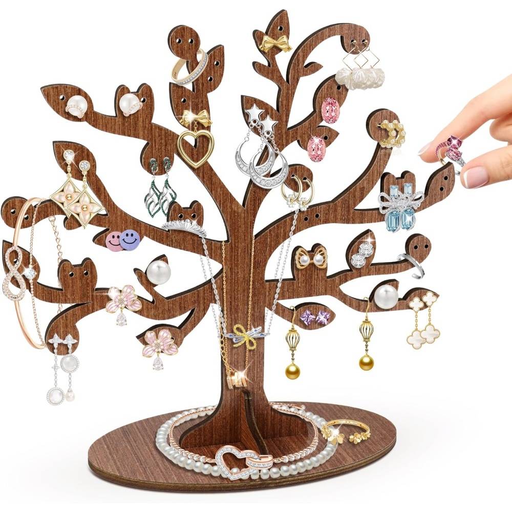 0 - Arbre à bijoux en bois - Porte-boucles d'oreilles & colliers - Décoration élégante - Cadeau femme - Image 1