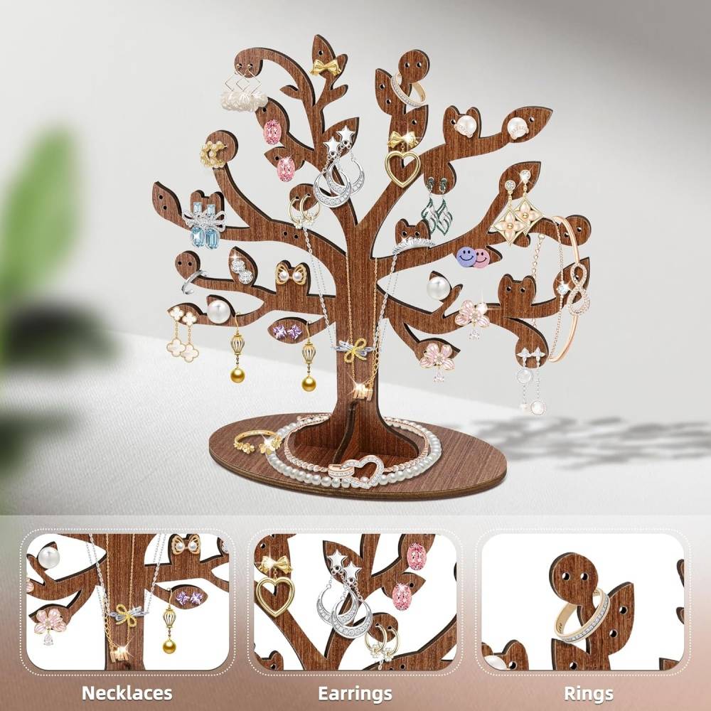 0 - Arbre à bijoux en bois - Porte-boucles d'oreilles & colliers - Décoration élégante - Cadeau femme - Image 2