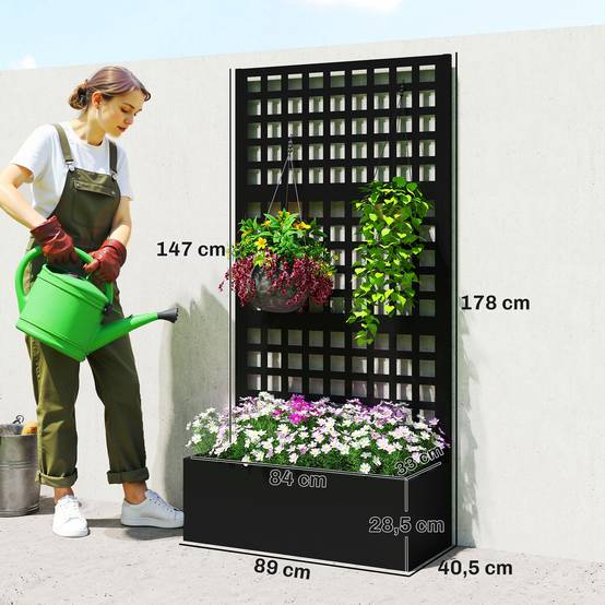 Outsunny - Jardinière avec treillis brise-vue lit surélevé 89x40x178cm bac à fleurs balcon terrasse patio acier galvanisé noir - Outsunny - Image 3