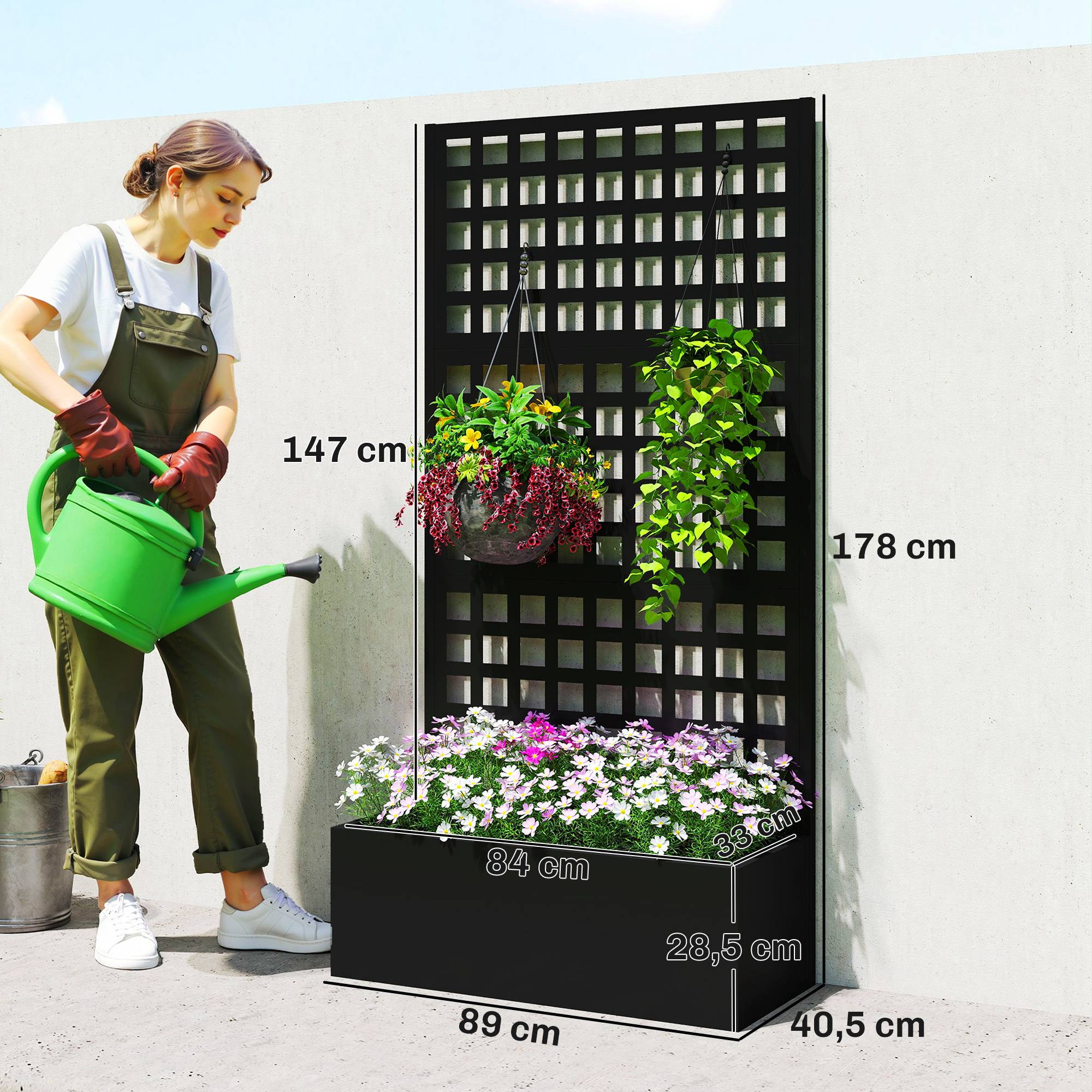 Outsunny - Jardinière avec treillis brise-vue lit surélevé 89x40x178cm bac à fleurs balcon terrasse patio acier galvanisé noir - Outsunny - Image 3