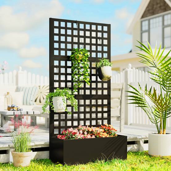 Outsunny - Jardinière avec treillis brise-vue lit surélevé 89x40x178cm bac à fleurs balcon terrasse patio acier galvanisé noir - Outsunny - Image 2