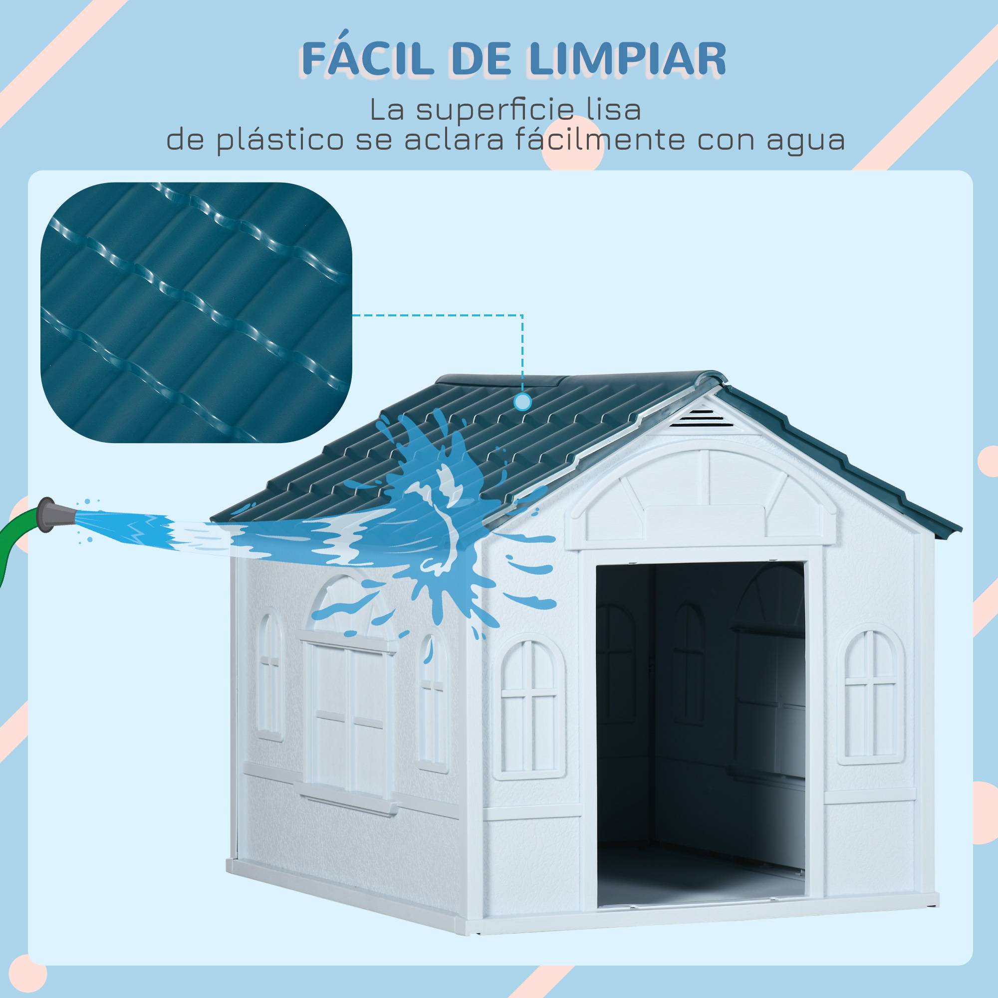 Maison pour chien, fenêtre imitation, tuiles, chien moyen, 65x75,7x63 cm, bleu vert blanc - Image 7