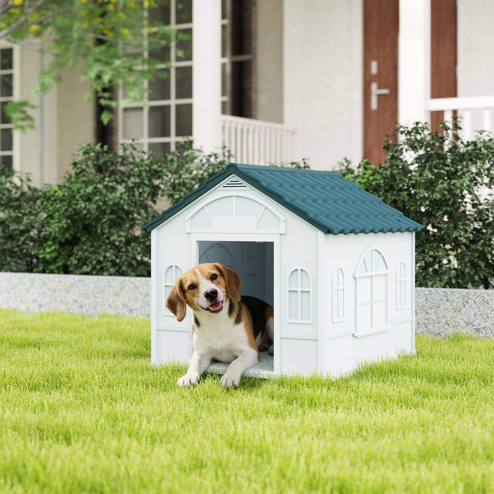 Maison pour chien, fenêtre imitation, tuiles, chien moyen, 65x75,7x63 cm, bleu vert blanc - Image 4