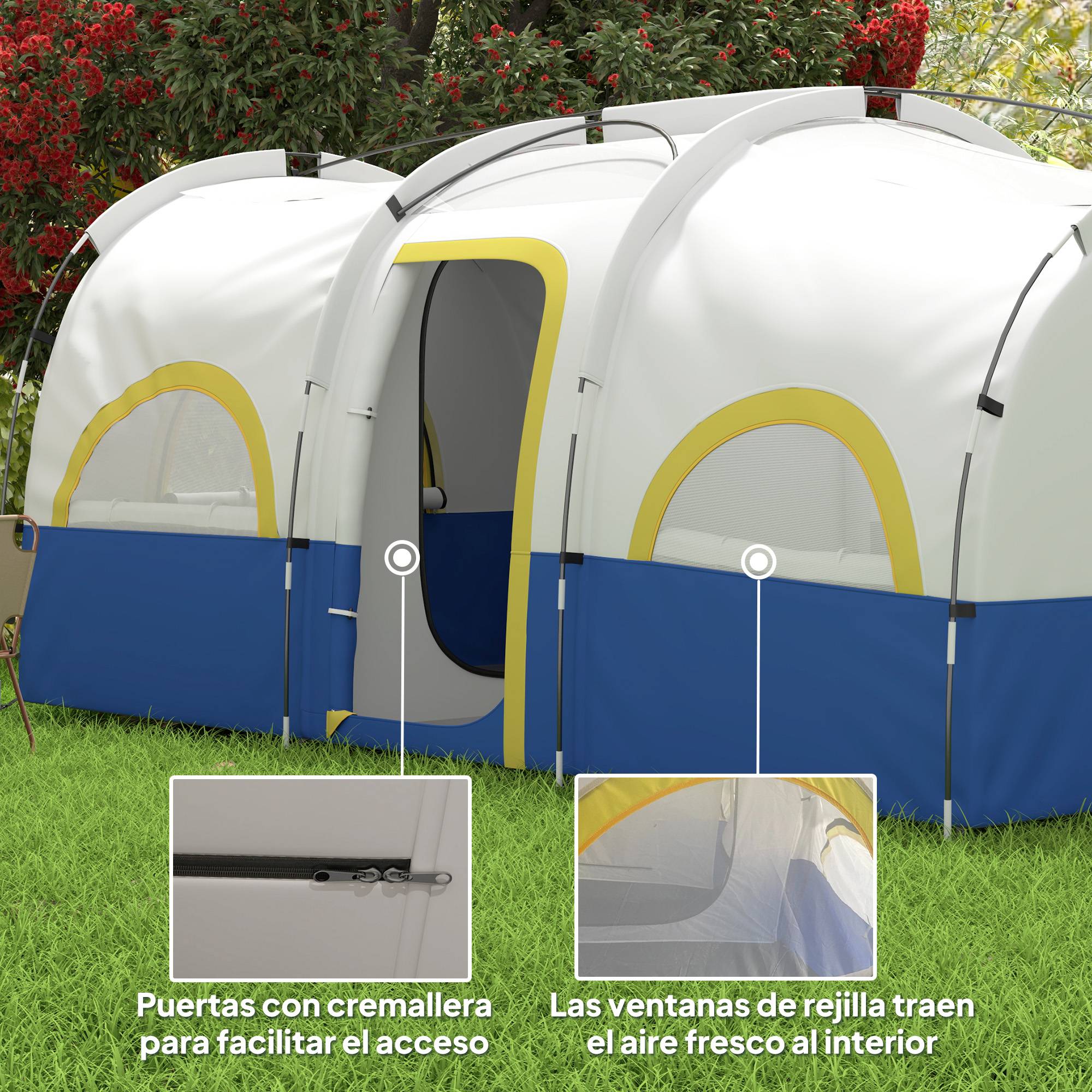 Tente familiale pour 4 personnes, imperméable avec chambres séparées, 435 x 251 x 195 cm, bleue et blanche - Image 7