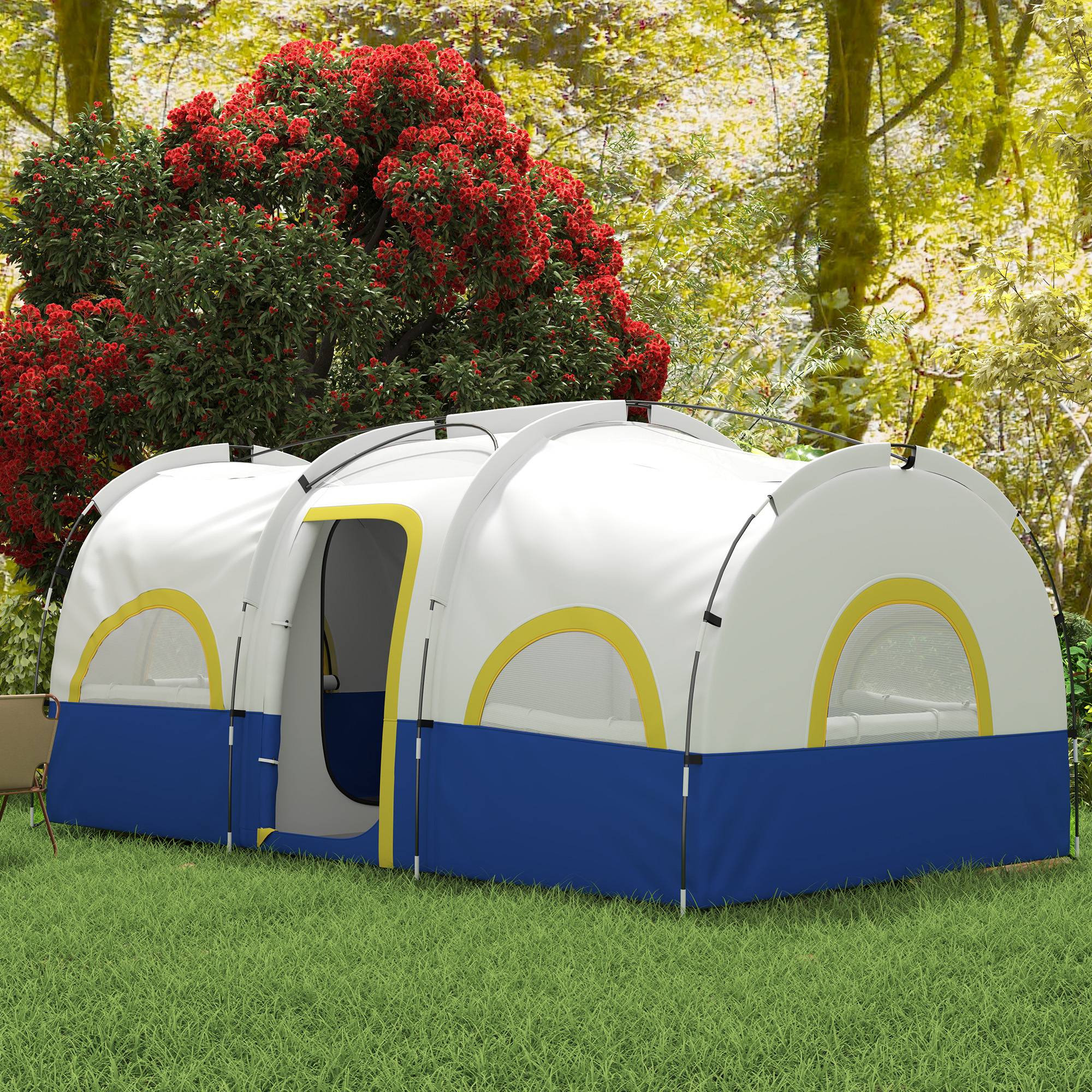 Tente familiale pour 4 personnes, imperméable avec chambres séparées, 435 x 251 x 195 cm, bleue et blanche - Image 4