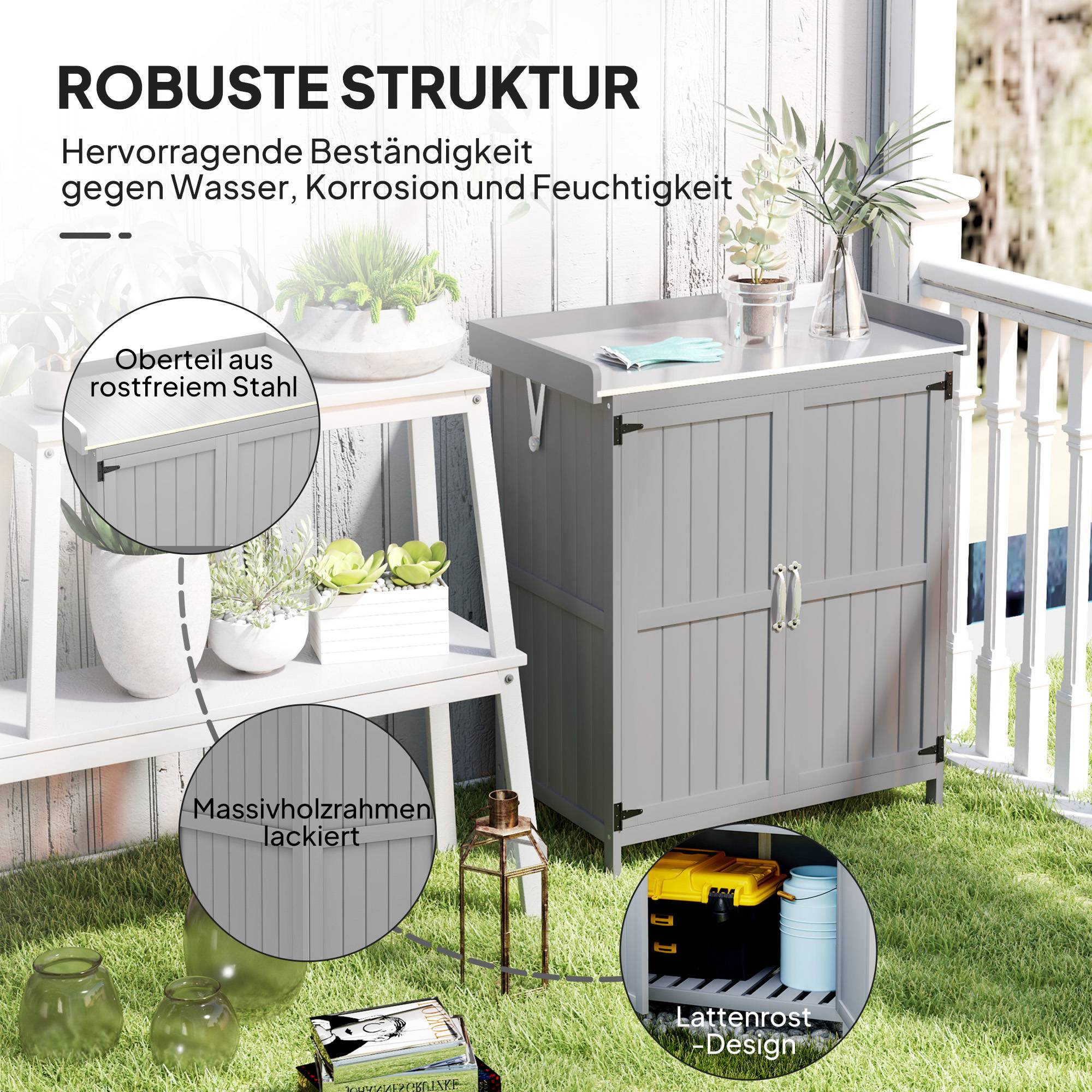 Armoire outils extérieure, plan de travail, bois et inox, double porte, gris - Image 9