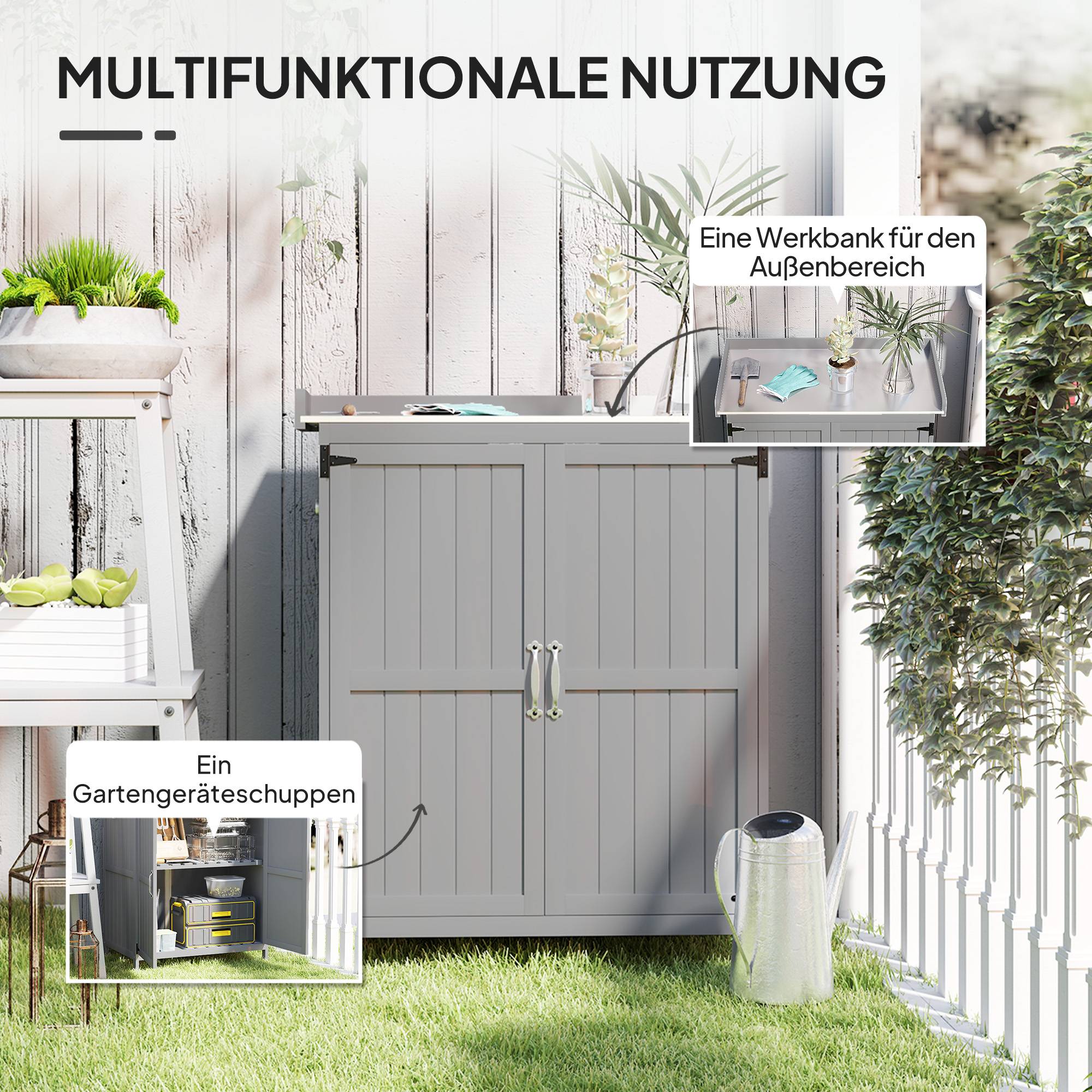 Armoire outils extérieure, plan de travail, bois et inox, double porte, gris - Image 6
