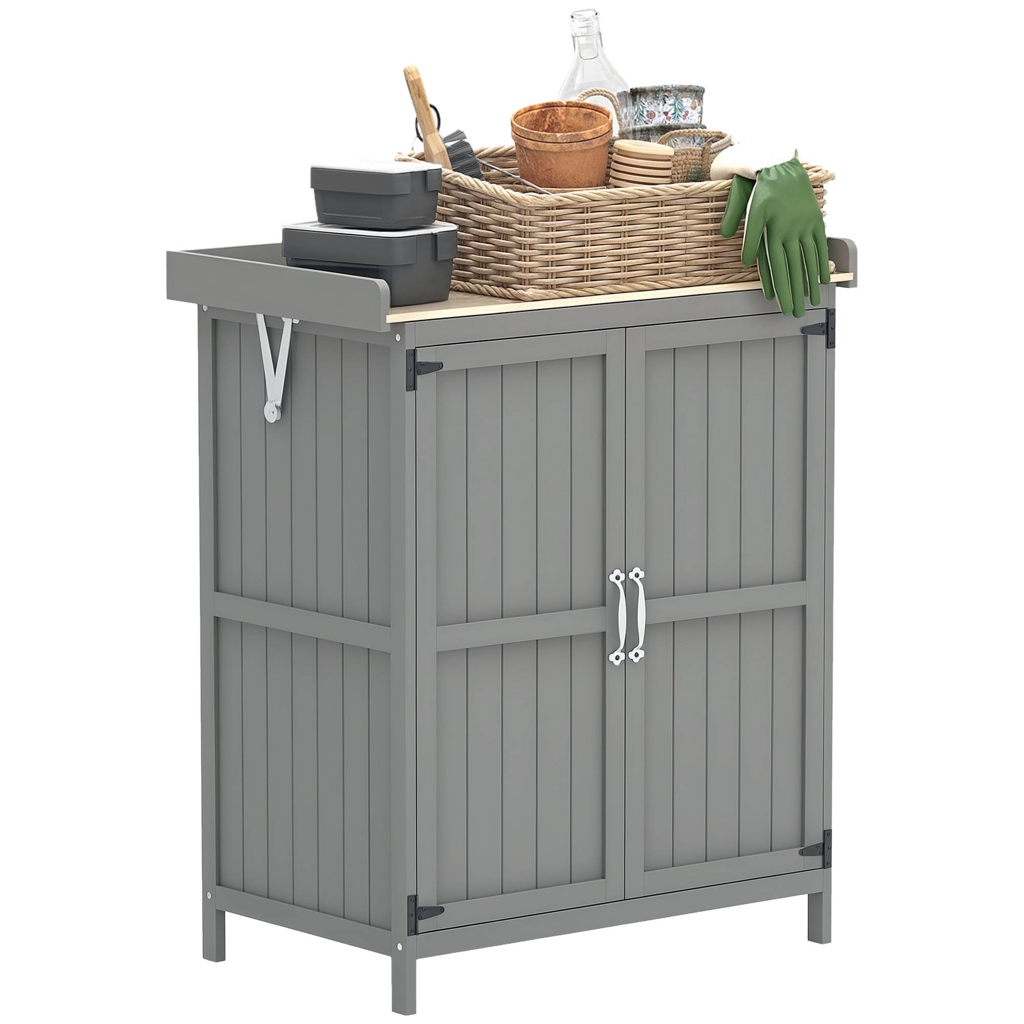 Armoire outils extérieure, plan de travail, bois et inox, double porte, gris - Image 1