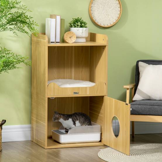 Meuble litière pour chat panneaux de particules acier noir et bois clair 60 x 45 x 103 cm - PANGIVO - Image 4