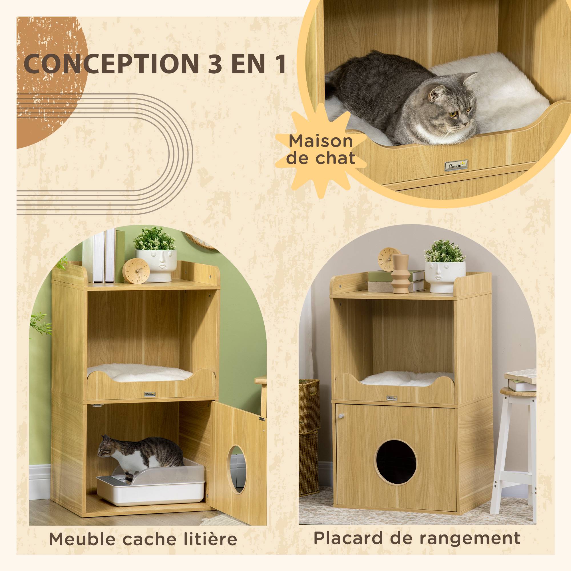 Meuble litière pour chat panneaux de particules acier noir et bois clair 60 x 45 x 103 cm - PANGIVO - Image 6