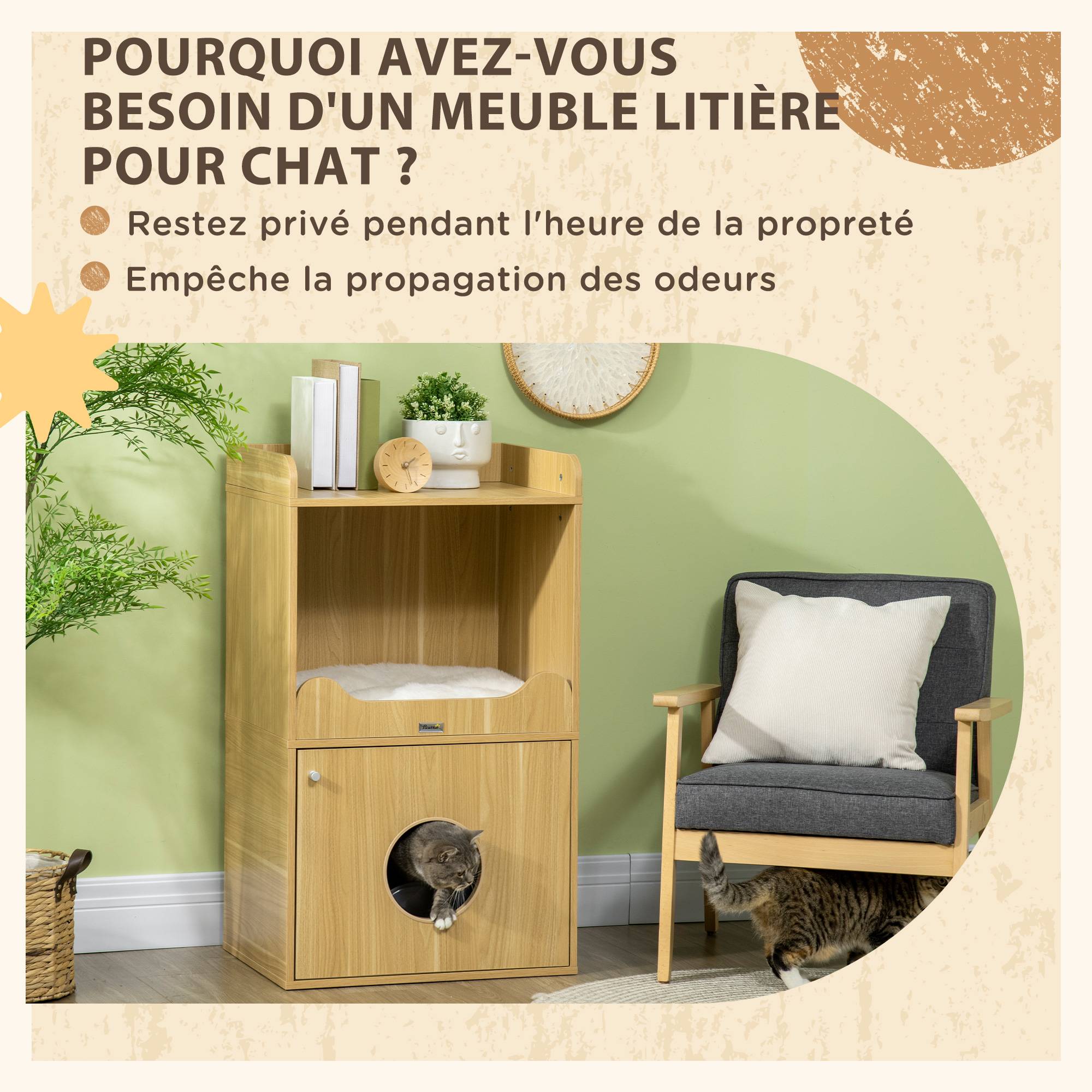 Meuble litière pour chat panneaux de particules acier noir et bois clair 60 x 45 x 103 cm - PANGIVO - Image 9