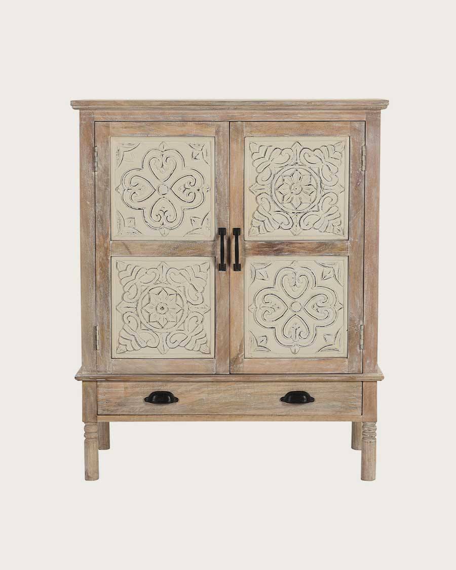Mala - Buffet haut 2 portes en bois de manguier massif sculpté 85 cm - UNIQKA - Imagen 1